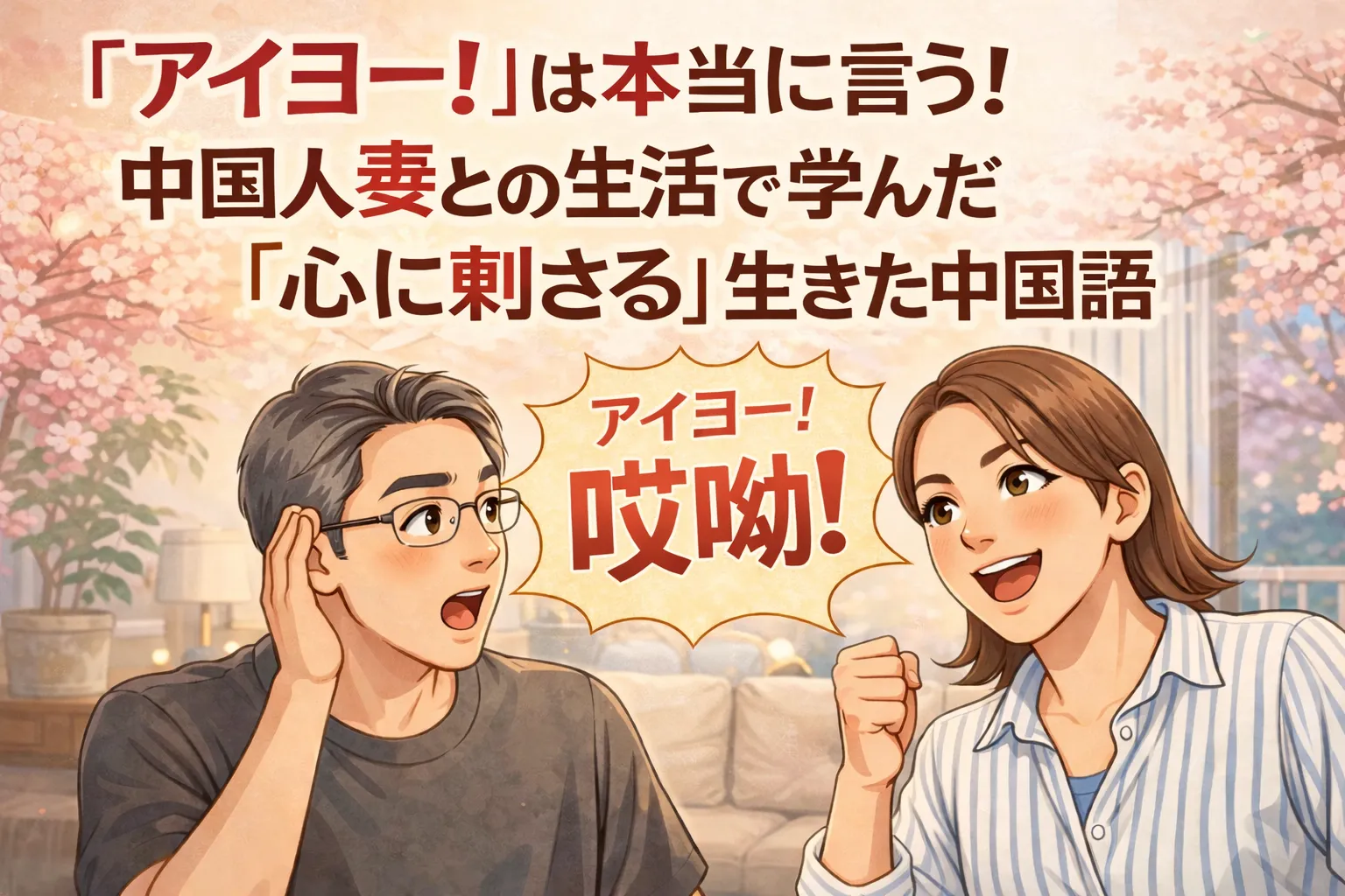 「アイヨー（哎哟）」と驚く中国人妻と戸惑う日本人男性の会話シーンを描いた日中夫婦のイラスト