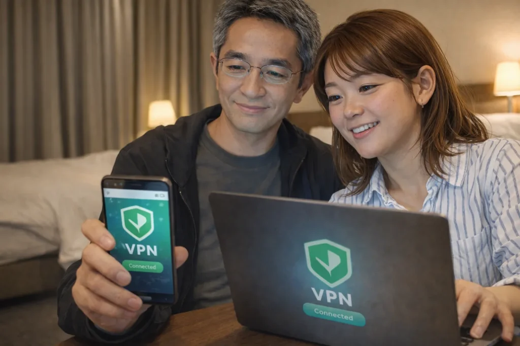 VPNを利用してスマートフォンとパソコンでインターネットに接続し、快適にLINEやSNSを利用している日本人男性と中国人女性の夫婦の様子