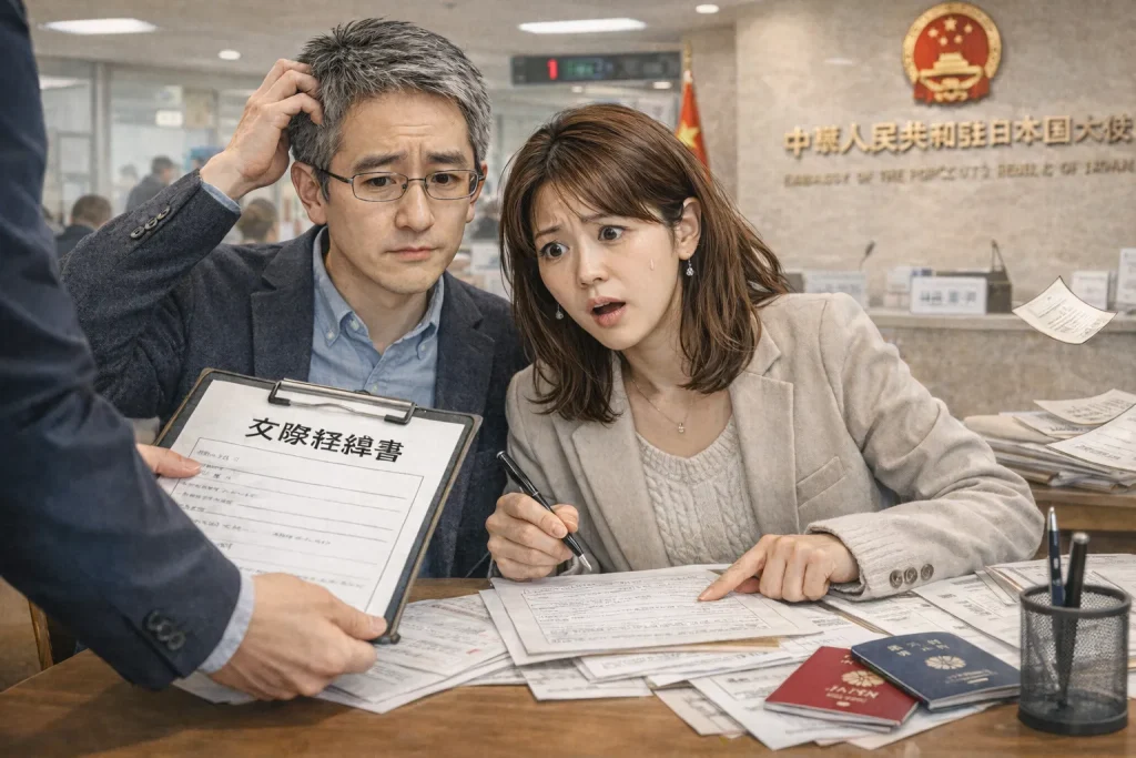 在日中国大使館で交際経緯書の提出を求められ、大量の書類を前に戸惑う日本人男性と中国人女性の夫婦の様子