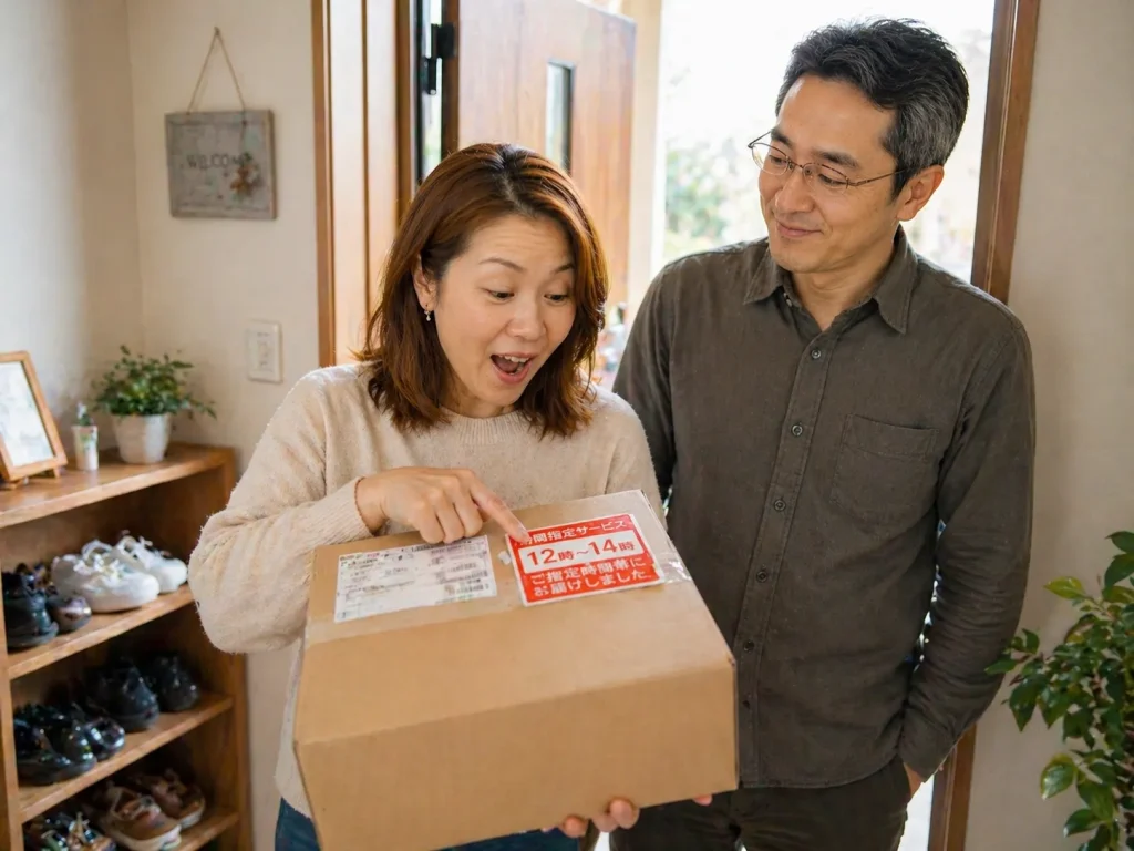 自宅の玄関で時間指定された宅配便の荷物を受け取り、中国人の妻が驚きながらラベルを指差している様子を見て、日本人の夫が微笑んでいる写真風画像。日本の宅配サービスの正確さに感動するシーン