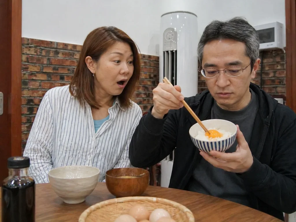 自宅のリビングで日本人の夫が卵かけごはんを食べようとしている様子を見て、中国人の妻が驚いた表情をしているシーン。日中の食文化の違いを表した写真