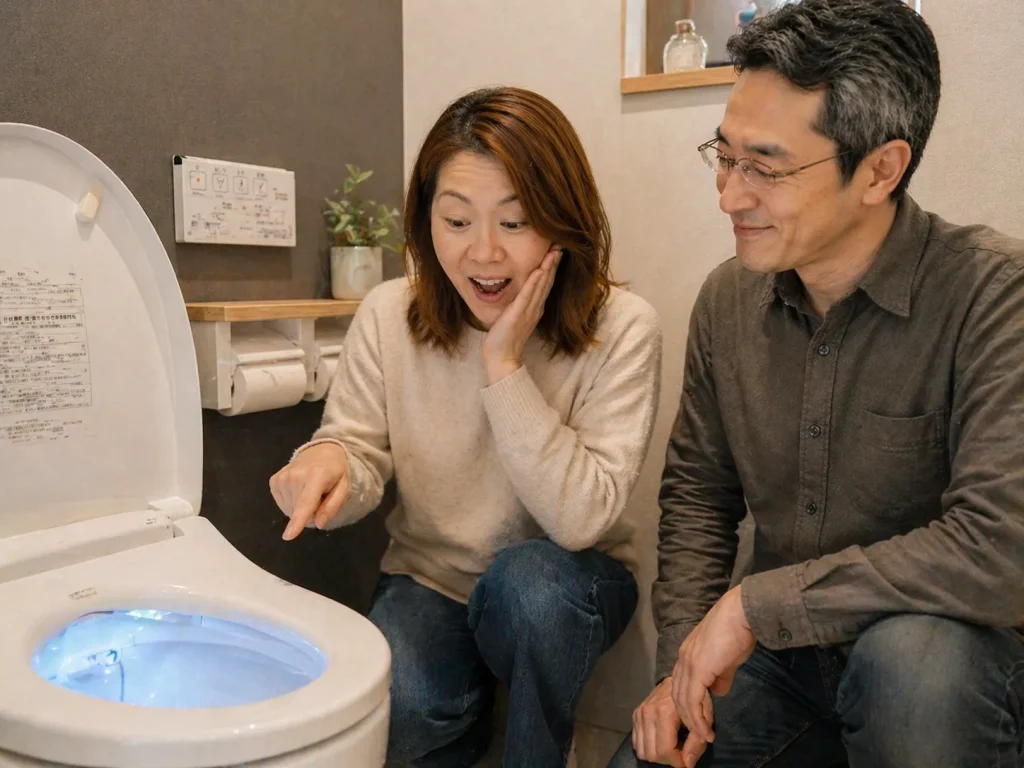自宅のトイレで温水洗浄機能付き便座の操作パネルや機能を見て、中国人の妻が驚いた表情を見せ、日本人の夫が微笑んでいる写真風画像。日本の高機能トイレに感動するシーン