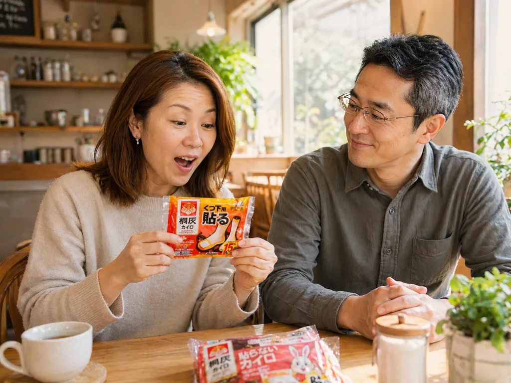 室内で中国人の妻が足を温める専用カイロを手に取り驚いた表情を見せ、それを見て日本人の夫が微笑んでいる写真風画像。日本の冬の便利グッズに感動するシーン