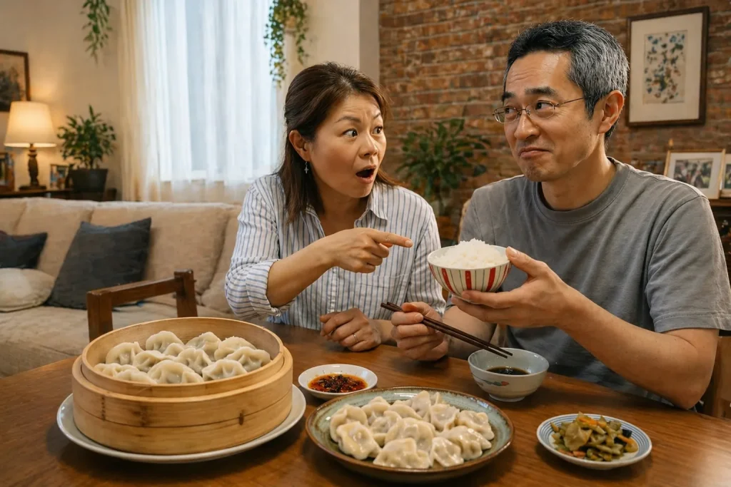自宅のリビングダイニングで、日本人男性がご飯を持ちながら餃子を食べようとし、中国人女性の妻が驚いて指摘している様子。日中の食文化の違いを象徴するシーン