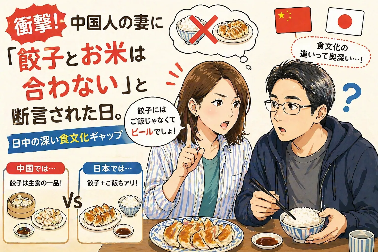 餃子とご飯の組み合わせに驚く日本人男性と、中国人女性の妻が「餃子にご飯は合わない」と主張しているイラスト。日中の食文化の違いをテーマにしたブログ記事のアイキャッチ画像