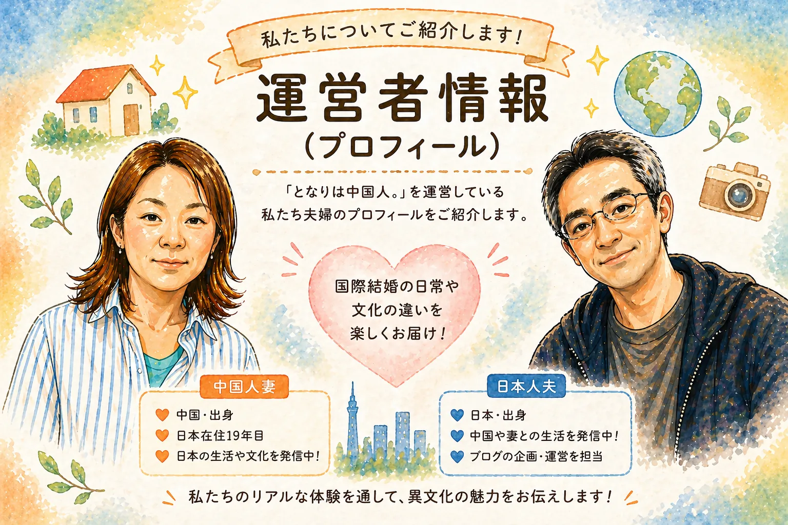 日本人男性と中国人女性の夫婦のプロフィールイラスト。中国出身で日本在住19年目の妻と、日本人の夫が国際結婚や日中文化の違いを発信するブログ「となりは中国人。」の運営者紹介画像