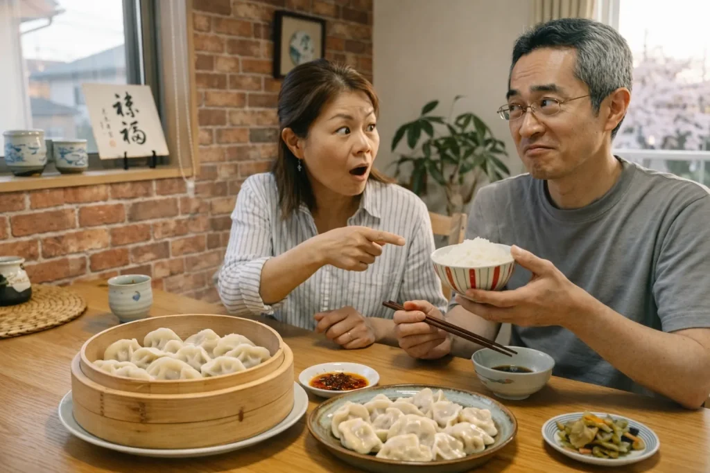 餃子と白ご飯を前に、中国人妻が「合わない」と指摘し、日本人夫が驚く様子を描いた食卓シーン。日中の食文化の違いを表現した画像。