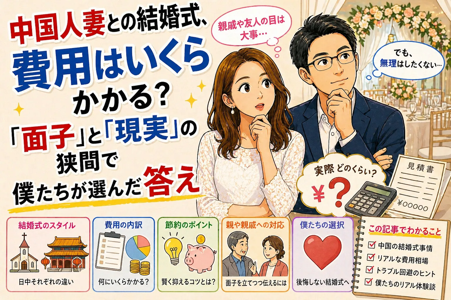 中国人の妻と日本人の夫が結婚式の費用について悩んでいるイラスト風アイキャッチ画像。見積書や電卓を前に「面子」と「現実」の間で葛藤する様子と、日中の結婚式文化の違いを表現したシーン