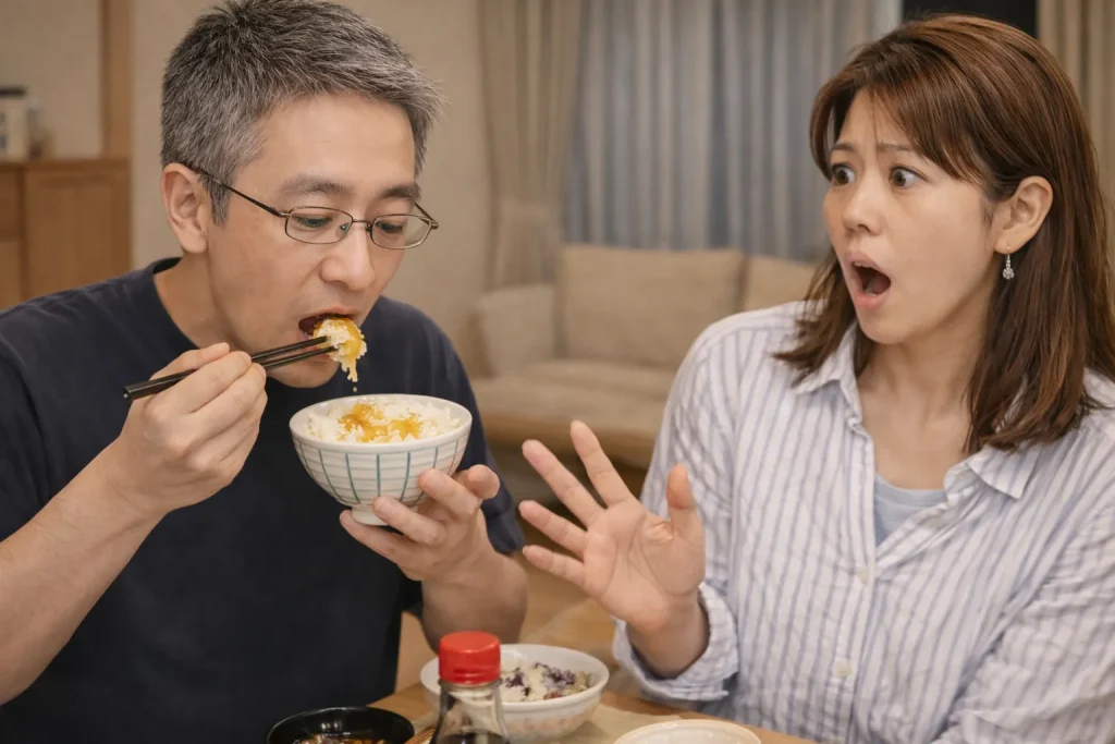 日本の家庭で夫が卵かけご飯（生卵と醤油をかけた白ご飯）を食べている様子を見て、中国人の妻が驚いているシーン