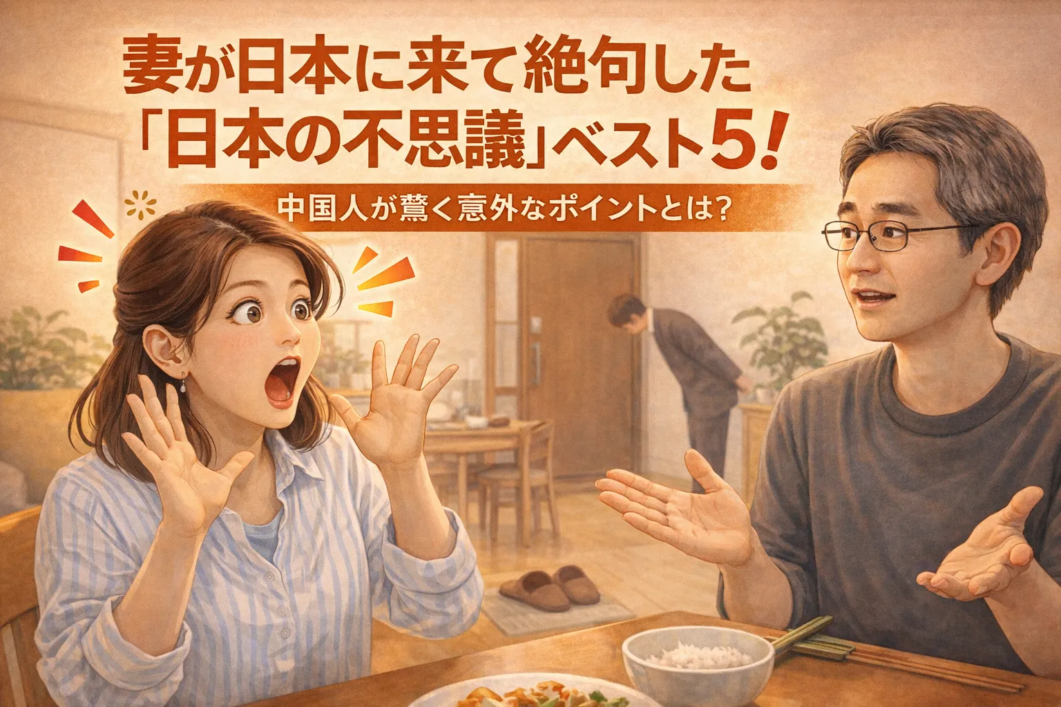 日本の習慣に驚いて絶句する中国人妻と、それを説明する日本人夫の様子を描いたアイキャッチ画像