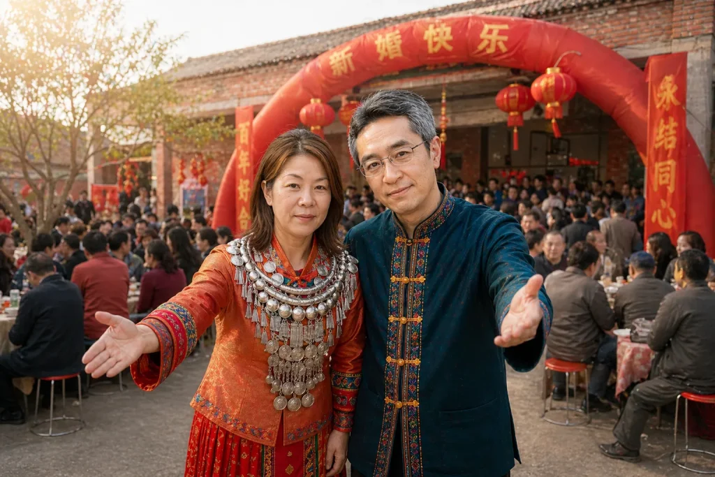 中国の屋外集会場の入口で民族衣装を着た新郎新婦が参列者を迎えている様子。親戚や近所の人々が大勢集まり、テーブルで食事をする大規模な結婚式の風景を表した写真風画像