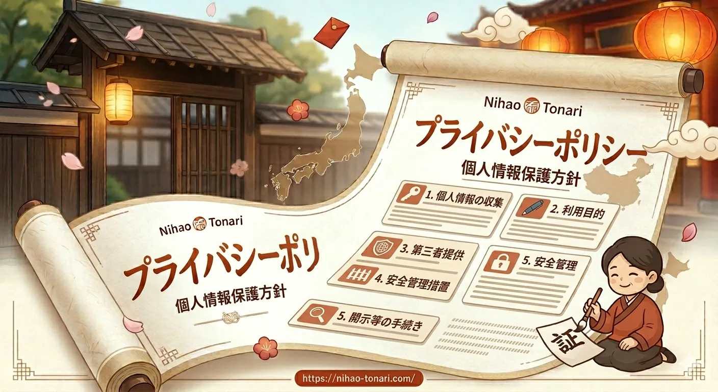 巻物の中に個人情報の収集や利用目的、安全管理などの項目が箇条書きで記され、信頼感のある鍵アイコンが添えられたプライバシーポリシー用アイキャッチ画像。