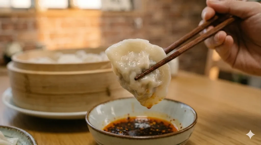 箸で持ち上げられた、モチモチとした厚みのある水餃子のクローズアップ写真。手前にはラー油の入ったタレ皿があり、背景には蒸籠(せいろ)がぼかして写っている。日本の焼き餃子とは異なる、主食としてのボリューム感がある中国風水餃子のシズル感を表現している。