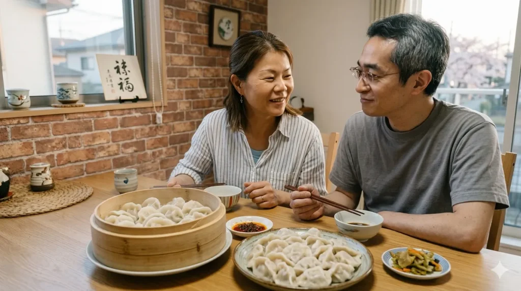 湯気が立つ本場の水餃子を前に、笑顔で食卓を囲む日本人夫と中国人妻。日中の食文化が融合した温かい家庭の風景。