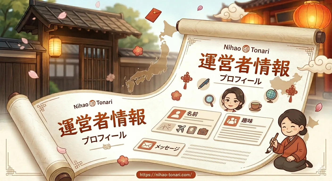 巻物の中に人物のアイコン、趣味、メッセージ欄がレイアウトされ、筆を持つ女性のイラストが添えられた運営者情報用アイキャッチ画像。