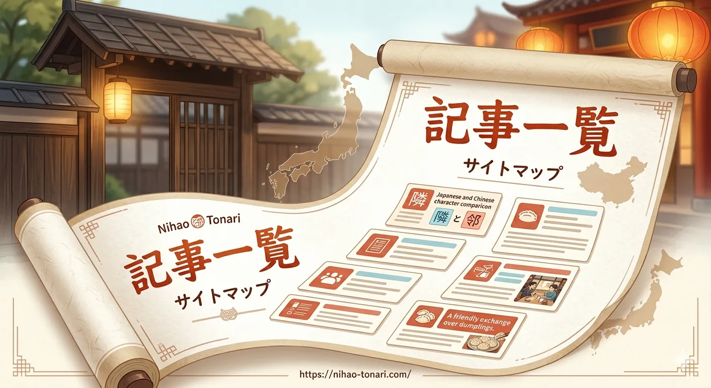 巻物に日本地図と中国地図、そして整理された記事のリストが描かれた、和中折衷デザインの記事一覧用アイキャッチ画像。