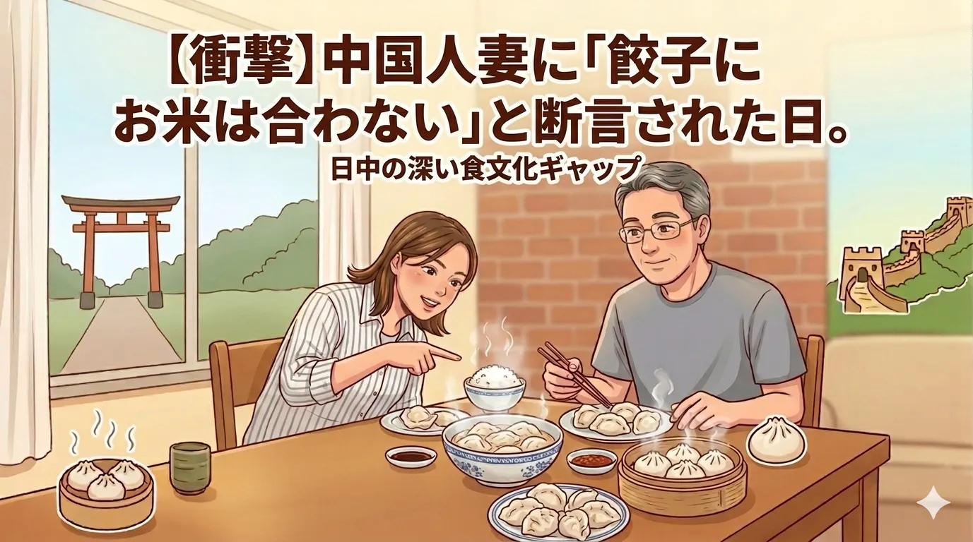 食卓で水餃子を前に、日本人男性が持つ白米の茶碗を中国人妻が驚いた様子で指差しているイラスト。背景には日本の鳥居と中国の万里の長城が描かれ、上部に「【衝撃】中国人妻に『餃子にお米は合わない』と断言された日。日中の深い食文化ギャップ」という記事タイトルが入っている。