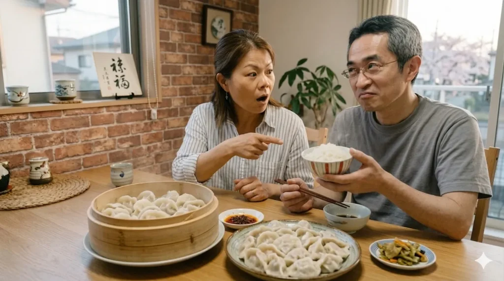 食卓で水餃子のボウルを前に、山盛りの白米が入った茶碗を持つ日本人男性と、それを見て驚き呆れた表情で指を差す中国人女性のリアルな写真。背景にはレンガ壁と窓があり、日中夫婦の食文化の違いによるコミカルな衝突シーンを再現している。