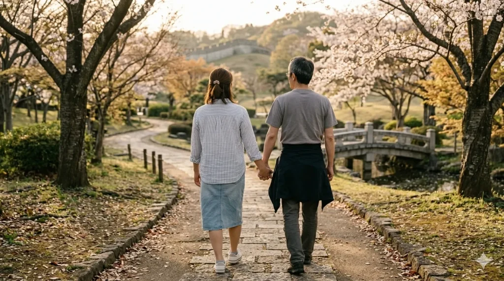 夕暮れの公園で、しっかりと手を繋いで歩く日本人夫と中国人妻の後ろ姿。日中夫婦の絆と、共に歩む未来への希望。