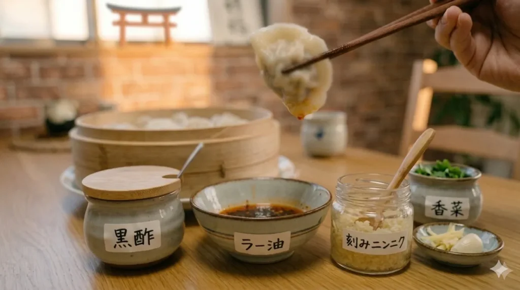 水餃子の食卓のクローズアップ写真。手前には「黒酢」「ラー油」「刻みニンニク」「香菜」と日本語のラベルが貼られた調味料の小瓶が並び、箸で持ち上げられた大ぶりな水餃子が中央に写っている。背景には温かみのあるレンガ壁と、日中夫婦の融和を象徴するような穏やかな室内風景が広がっている。