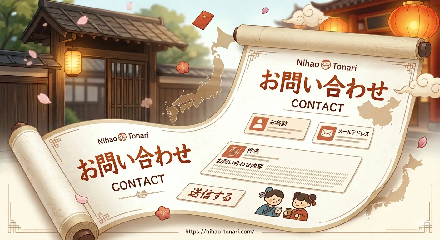 巻物の中に名前、メールアドレス、内容などの入力フォームが描かれ、封筒や可愛らしいキャラクターが添えられたお問い合わせページ用アイキャッチ画像。