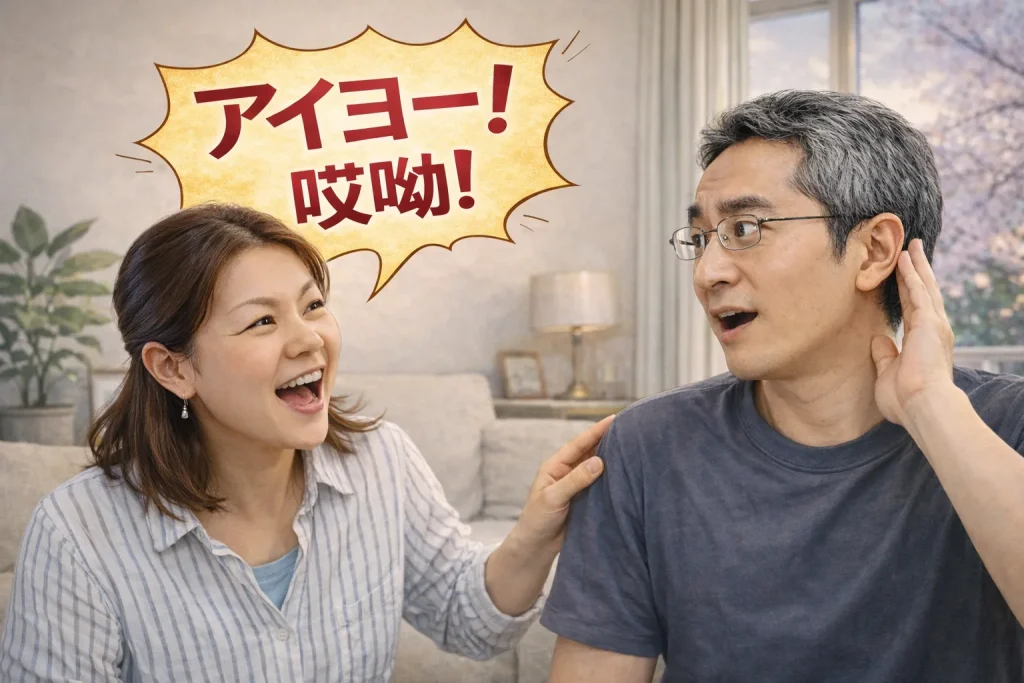 リビングで中国人妻が「アイヨー！（哎呦）」と笑顔で話しかけ、驚く夫が聞き返している夫婦の会話シーン