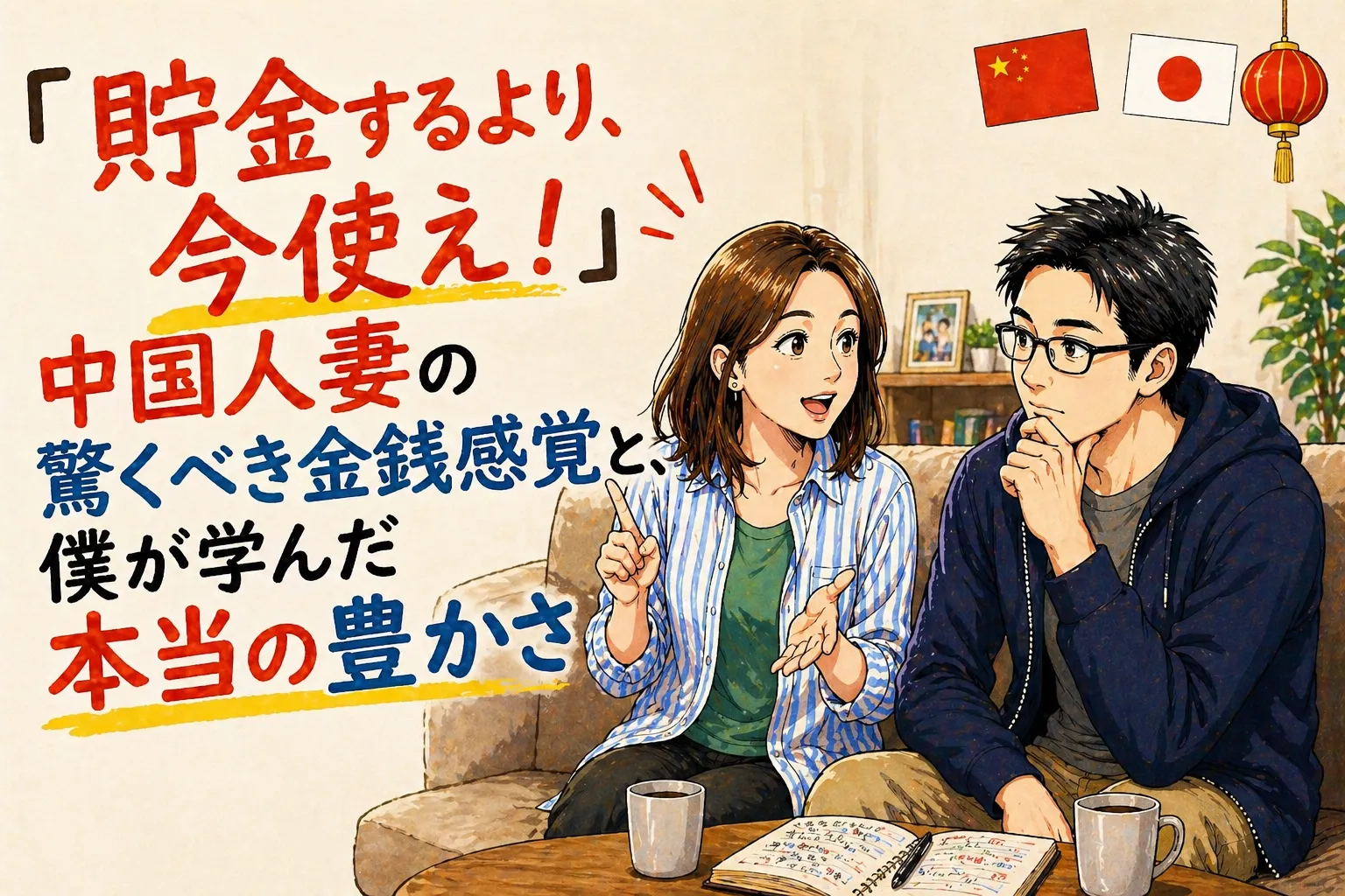 自宅のリビングで中国人女性の妻がお金の使い方について話し、日本人の夫が考え込んでいるイラスト風のアイキャッチ画像。日中の金銭感覚や価値観の違いをテーマにした記事