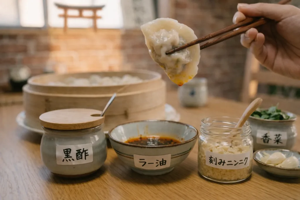 水餃子を箸で持ち上げ、黒酢・ラー油・刻みニンニク・香菜のタレにつける中国式の食べ方を表現したクローズアップ画像。
