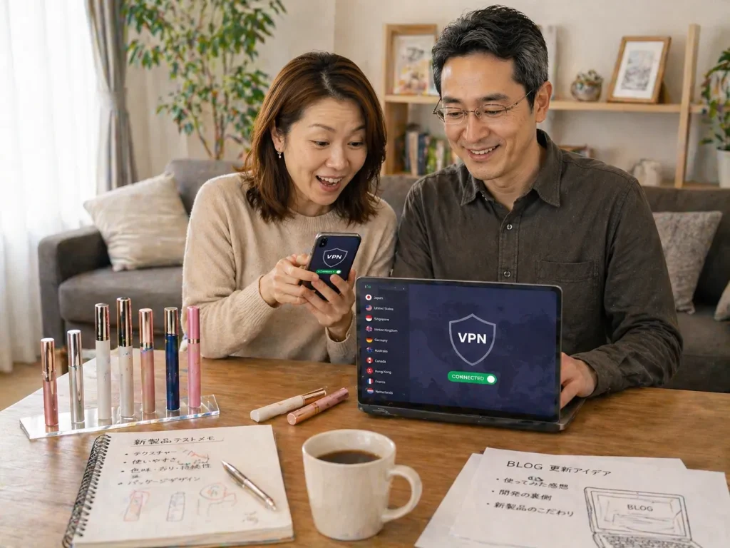 自宅のリビングで中国人の妻がスマートフォンでスムーズにインターネットを利用し、日本人の夫と一緒に笑顔で満足している様子。VPN接続により中国でもLINEやSNSが使える状態を表した写真風画像