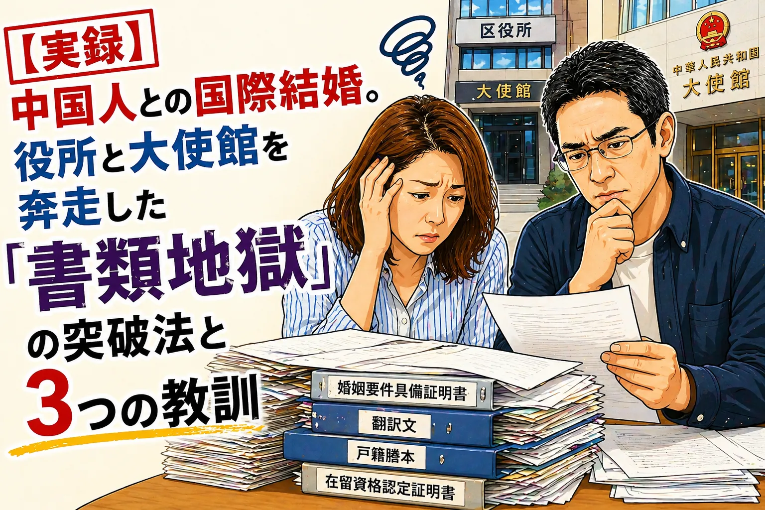 役所や大使館の手続きを前に、大量の書類に囲まれて悩む日中夫婦のイラスト風アイキャッチ画像。中国人との国際結婚における書類手続きの大変さと実体験を表したシーン