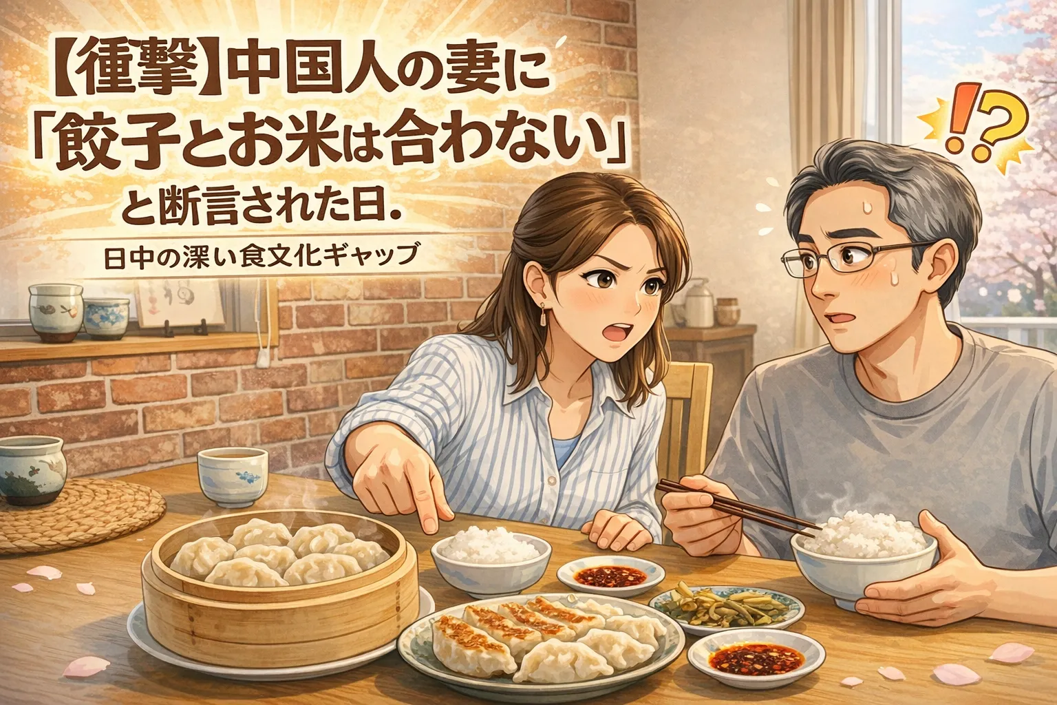 餃子と白ご飯を前に、日本人夫と中国人妻が食文化の違いについて会話する様子を描いたアイキャッチ画像。中国では餃子とご飯は合わないとされる文化ギャップを表現。