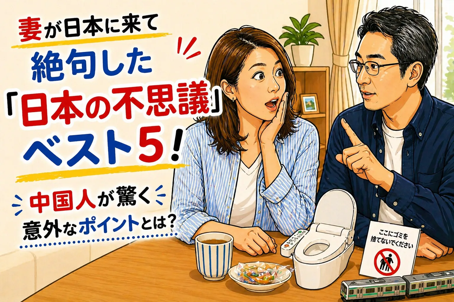 自宅のリビングで中国人女性の妻が日本の習慣に驚き、日本人の夫が説明しているイラスト風のアイキャッチ画像。日本の文化や生活習慣に対する驚きをテーマにした記事