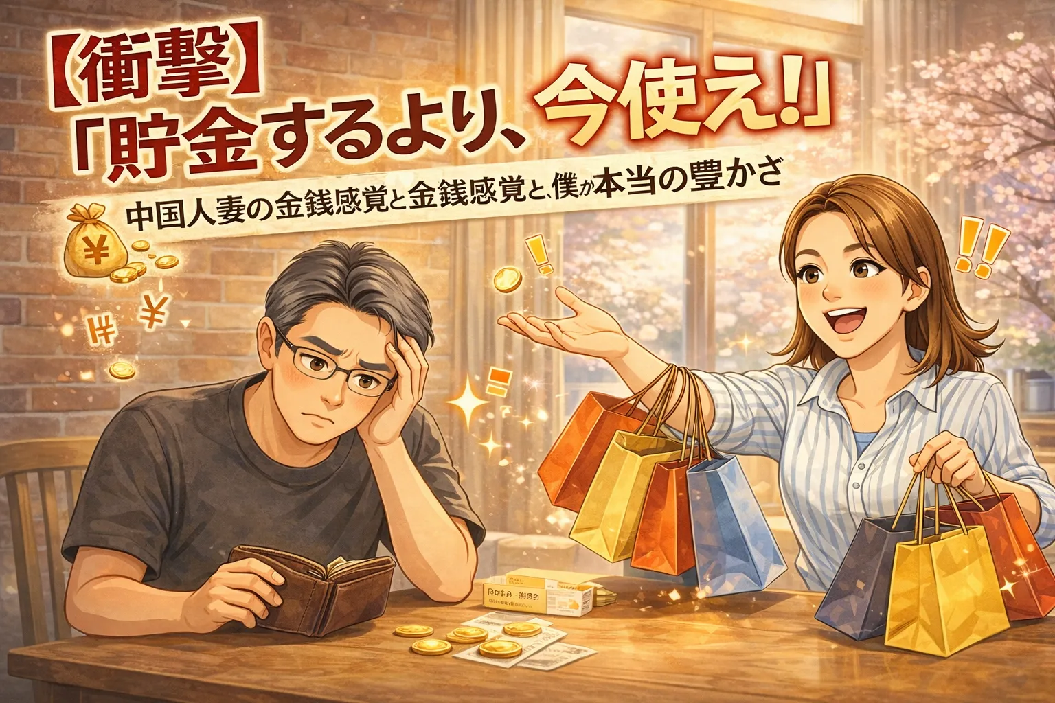 財布を見て悩む日本人男性と、買い物袋を手に笑顔の中国人妻を描いたイラスト。「貯金より今使う」という価値観の違いをテーマにしたアイキャッチ画像。