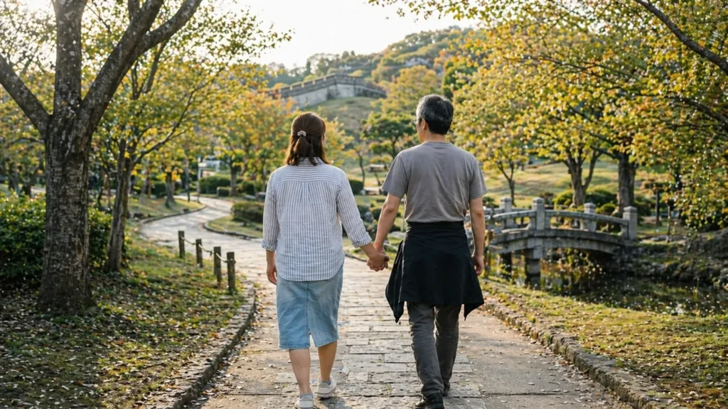 日本人男性と中国人女性の夫婦が自然豊かな公園の道を手をつなぎながらゆっくりと歩いている後ろ姿。穏やかな日常とこれからの人生を共に歩むイメージの写真