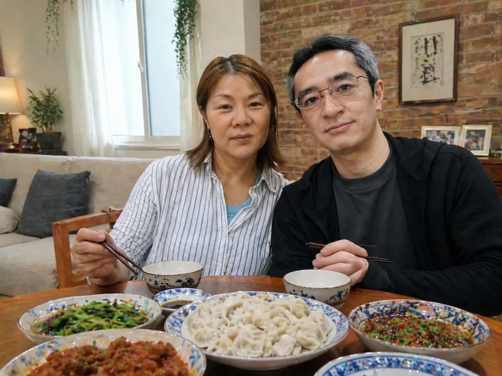 日本人男性と中国人女性の夫婦が自宅のダイニングで手作りの水餃子を囲み、笑顔で食事を楽しんでいる様子。中国の家庭料理と温かい日常を表現した写真