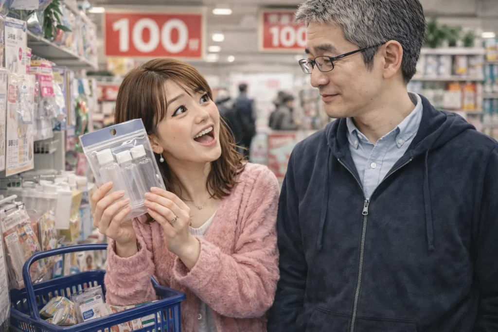 日本の100円ショップで便利グッズを手に取りながら、中国人の妻が驚きと感動の表情を見せ、日本人の夫が隣で微笑んでいる様子