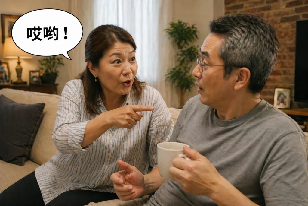 自宅のリビングで中国人女性の妻が日本人の夫に向かって「哎哟！」と驚いた表情で指を差している様子。日中夫婦の日常会話と文化の違いを表現したシーン