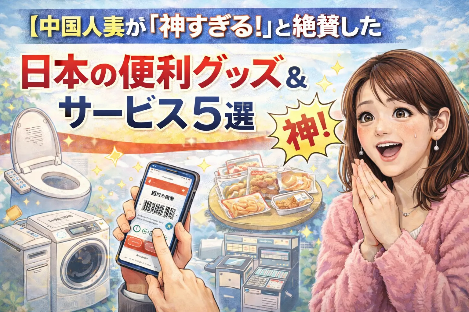 中国人の妻が日本の便利グッズやサービス（ウォシュレット、洗濯機、スマホ決済、惣菜、セルフレジなど）に驚き感動している様子を描いたイラスト
