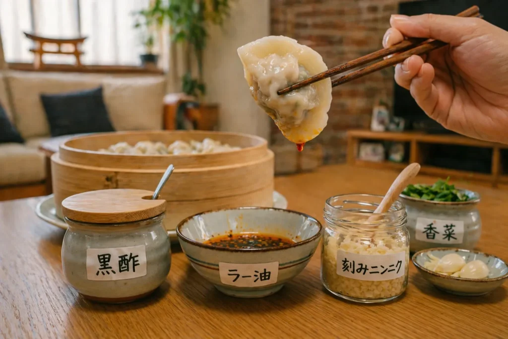 自宅のダイニングで箸で持ち上げた水餃子と、黒酢・ラー油・刻みニンニク・香菜などの調味料が並ぶ様子。中国の餃子の食べ方を再現したシーン