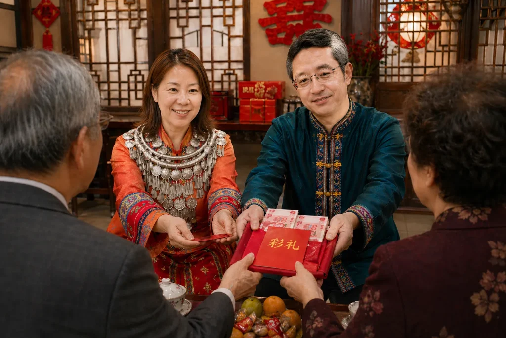 中国の伝統的な部屋で民族衣装を着た夫婦が、赤い封筒と現金を載せた彩礼を妻の両親に手渡している様子。結納金を納める儀式の緊張感と文化的背景を表現した写真風画像