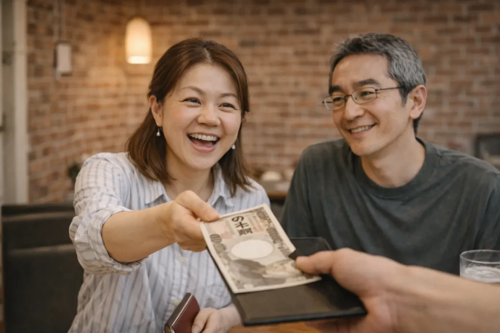 レストランで中国人妻が笑顔で支払いをし、隣で夫が微笑みながら見守っている夫婦のシーン