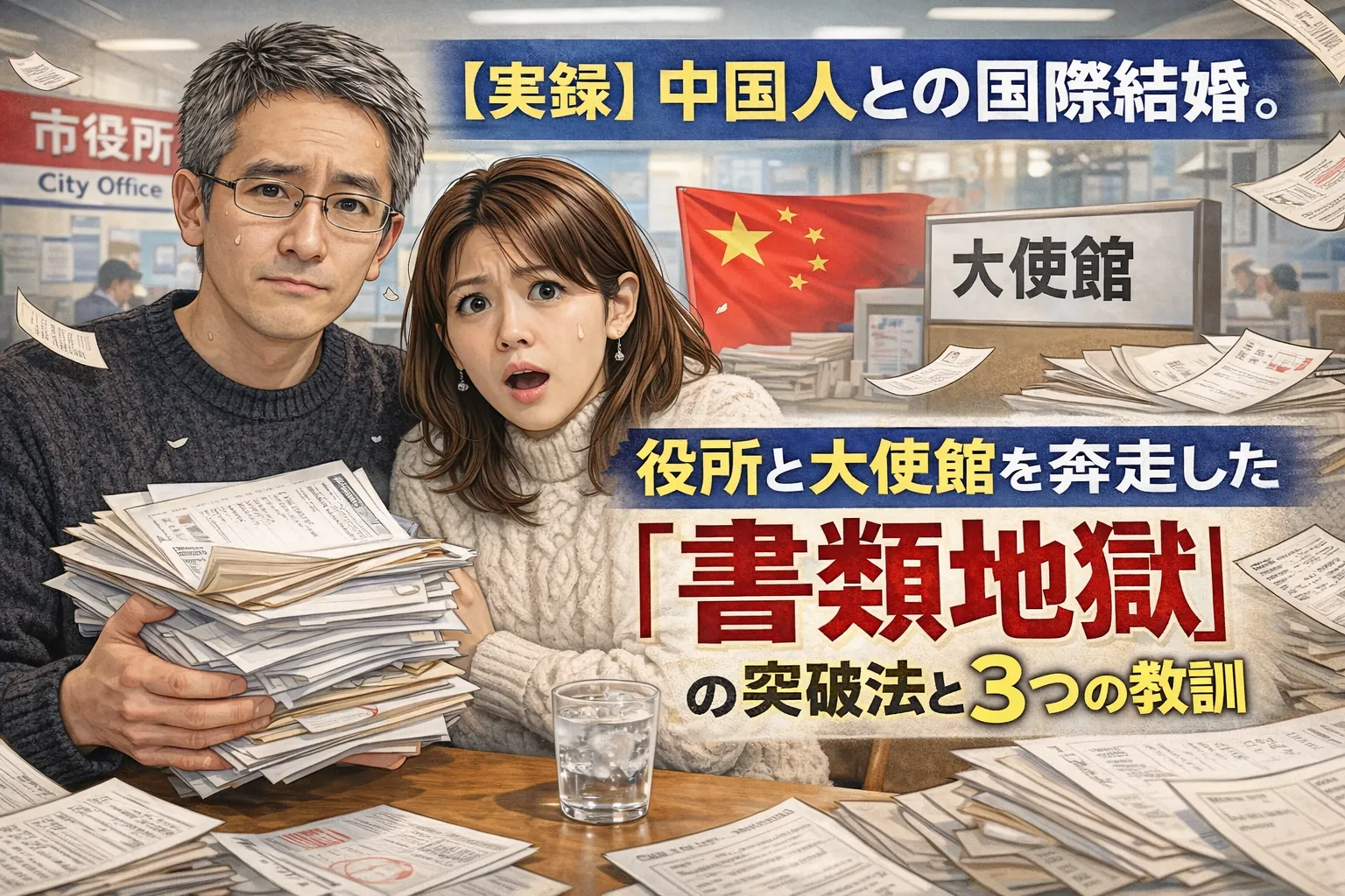 中国人との国際結婚の手続きで、役所と大使館の書類対応に追われる夫婦が大量の書類に囲まれて困惑している様子を描いたイラスト