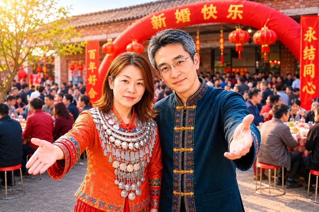 中国の伝統的な結婚式で民族衣装を着た日本人夫と中国人妻が会場入口で参列者を迎える様子。多くの親戚や近隣住民が披露宴に参加している。
