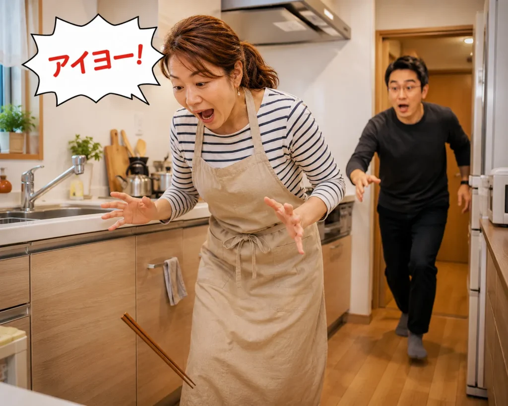 キッチンで箸を落として「アイヨー！」と声を上げる中国人妻と、慌てて駆け寄る日本人夫