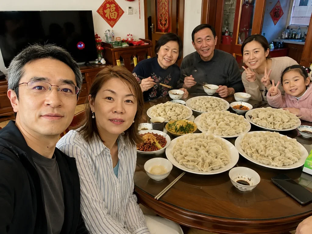 中国の妻の実家で親族が集まり、大量の水餃子を囲んで食事を楽しむ様子。餃子が主食として食卓の中心になる中国の食文化を表した写真