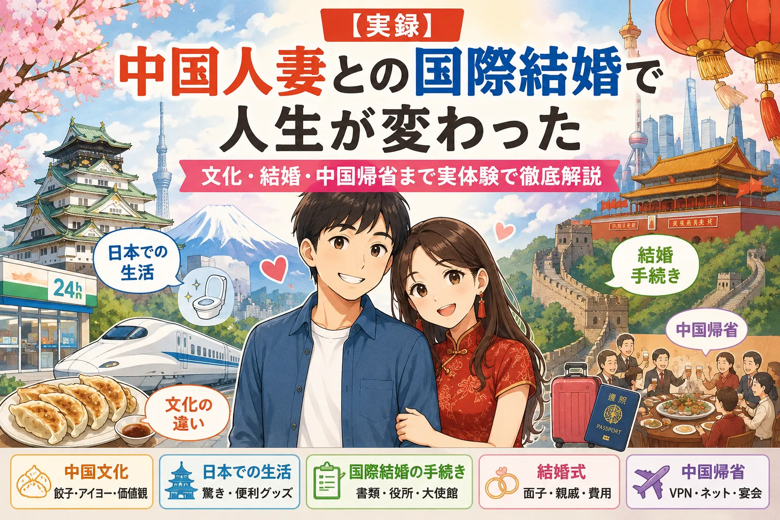 中国人妻との国際結婚をテーマに、日本と中国の文化の違い、結婚手続き、結婚式、中国帰省までを実体験で紹介するブログのアイキャッチイラスト