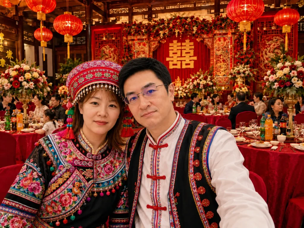 中国雲南省の少数民族衣装を身にまとい、豪華な中国式結婚披露宴会場で記念撮影をする日中夫婦の写真
