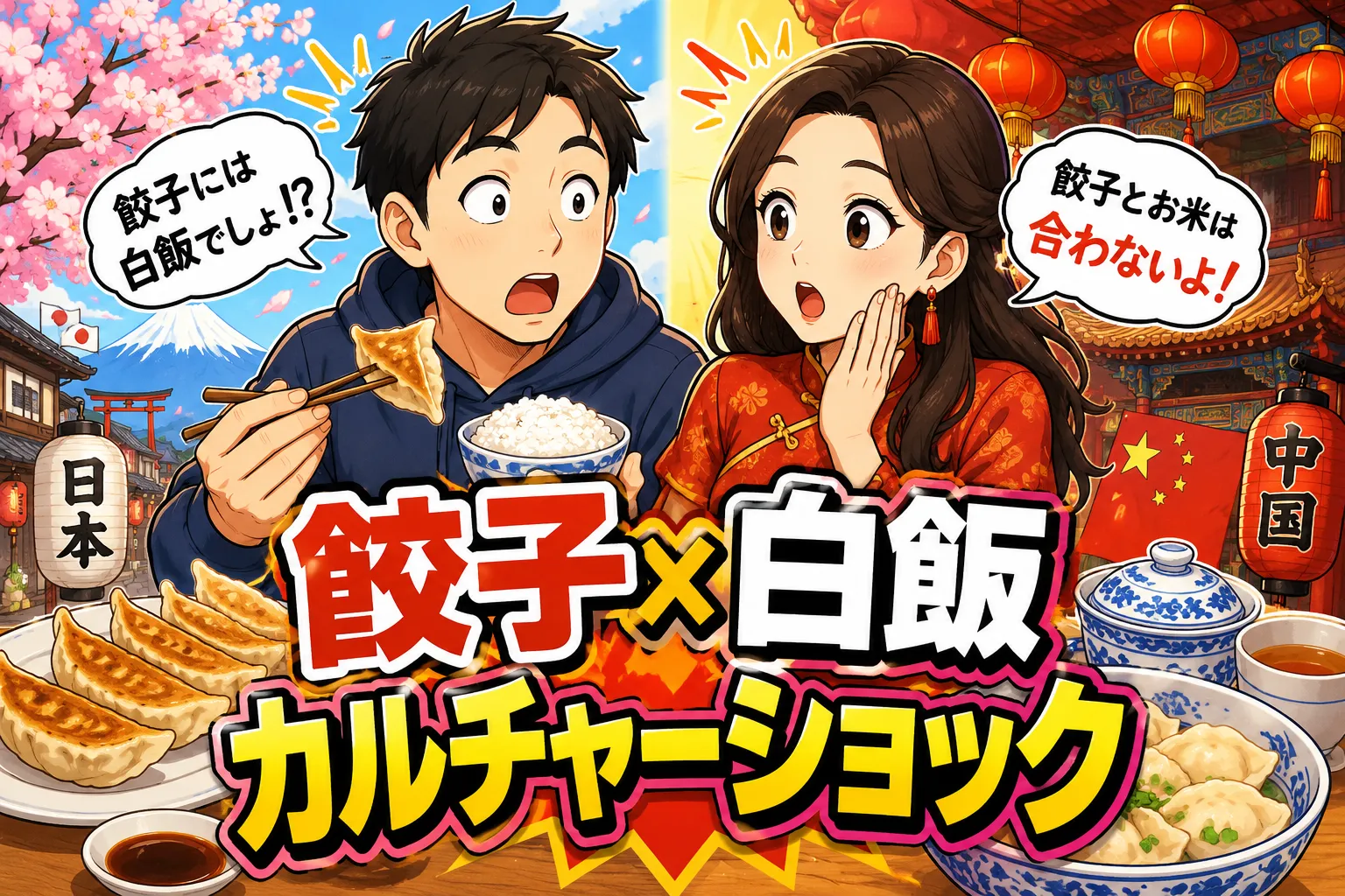 餃子とご飯の組み合わせに驚く日本人夫と、中国では餃子は主食だと話す中国人妻を描いたイラスト