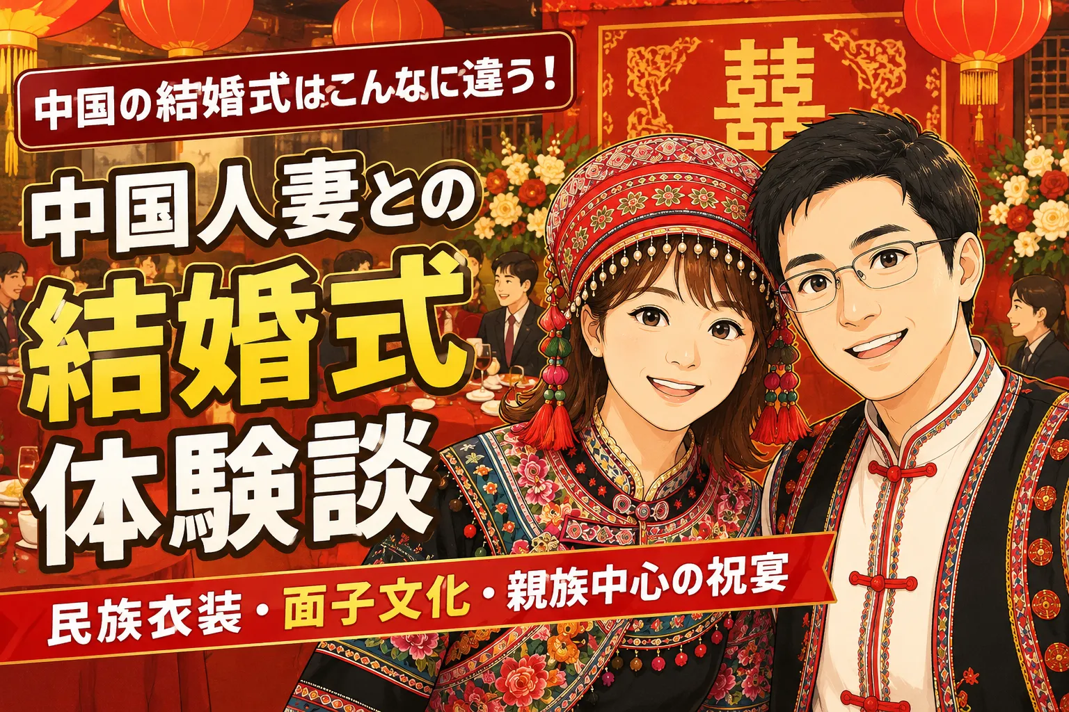 中国雲南省の民族衣装を着た日中夫婦が、中国式の豪華な結婚披露宴会場を背景に結婚式体験談を紹介するアイキャッチ画像
