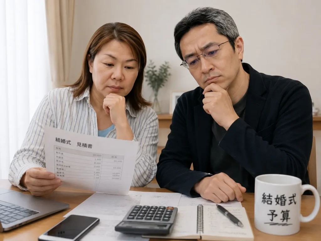 結婚式の見積書や電卓を前に、中国人妻と日本人夫が結婚式費用について真剣に話し合っている写真